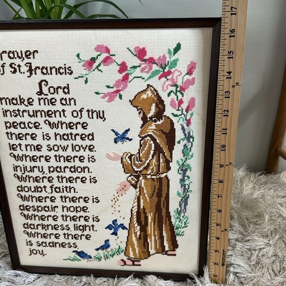 Vintage Cross Stitch Prayer of St. Francis Wall Religious Decor Framed No Glass - Picture 14 of 17